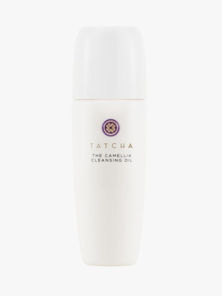 Tatcha Pure One Step Camellia Cleansing Oil white bottle with white top on light grey background